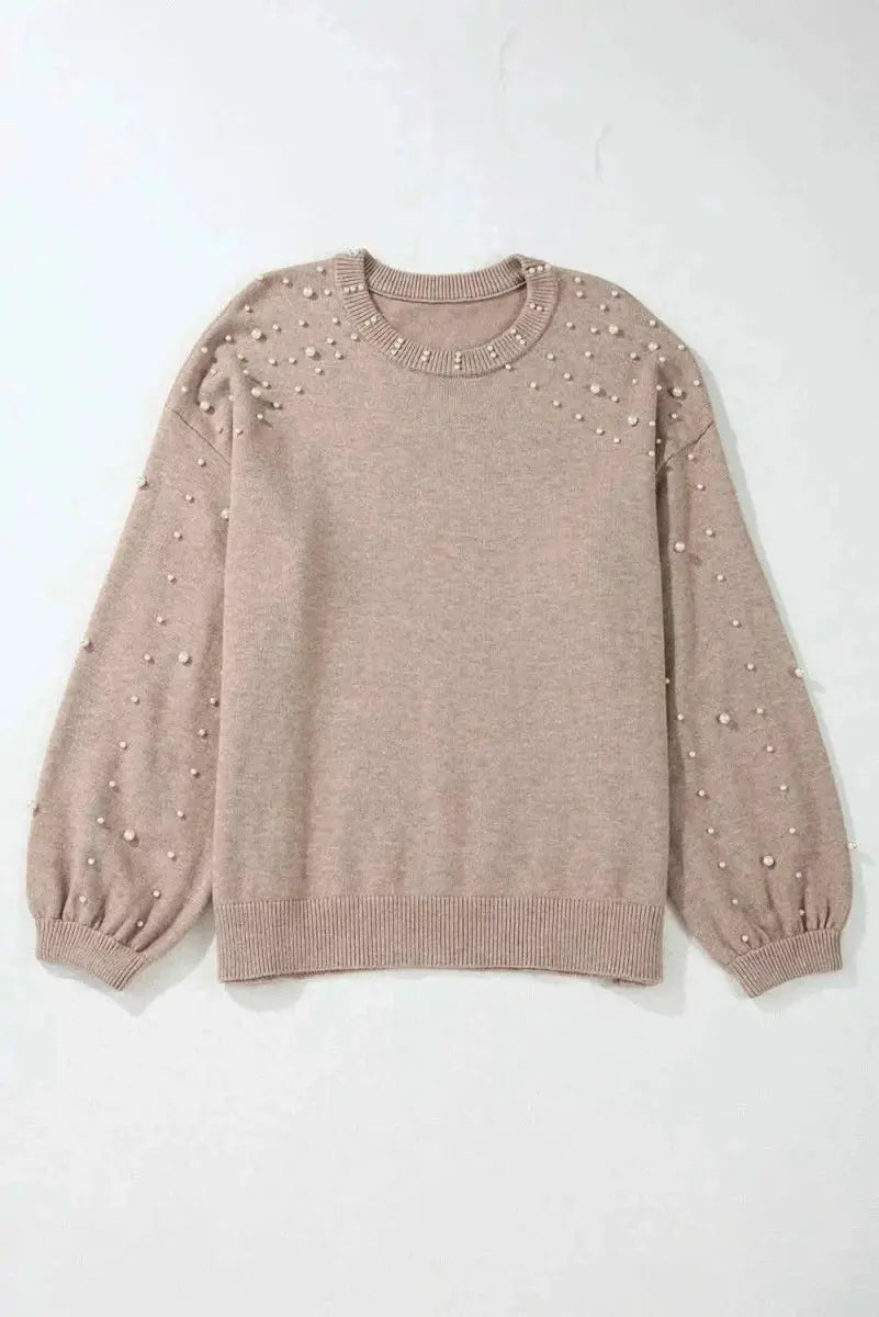 Plus Size Pearl Detail Round Neck Long Sleeve Sweater - Love Salve